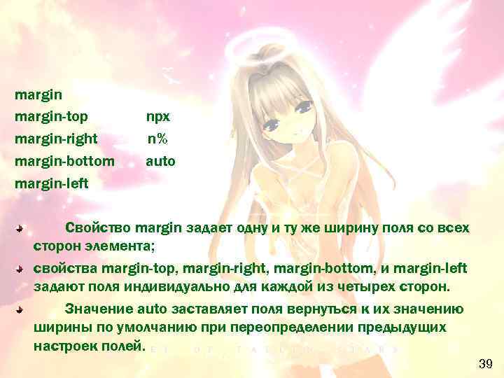 margin-top margin-right margin-bottom margin-left npx n% auto Свойство margin задает одну и ту же