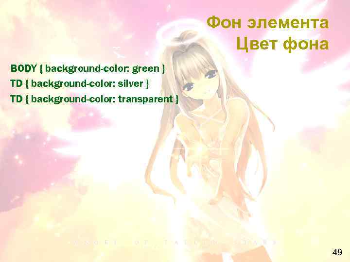 Фон элемента Цвет фона BODY { background-color: green } TD { background-color: silver }