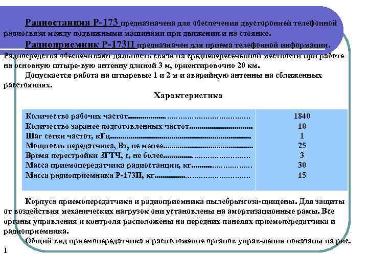 Радиостанция Р 173 предназначена для обеспечения двусторонней телефонной радиосвязи между подвижными машинами при движении