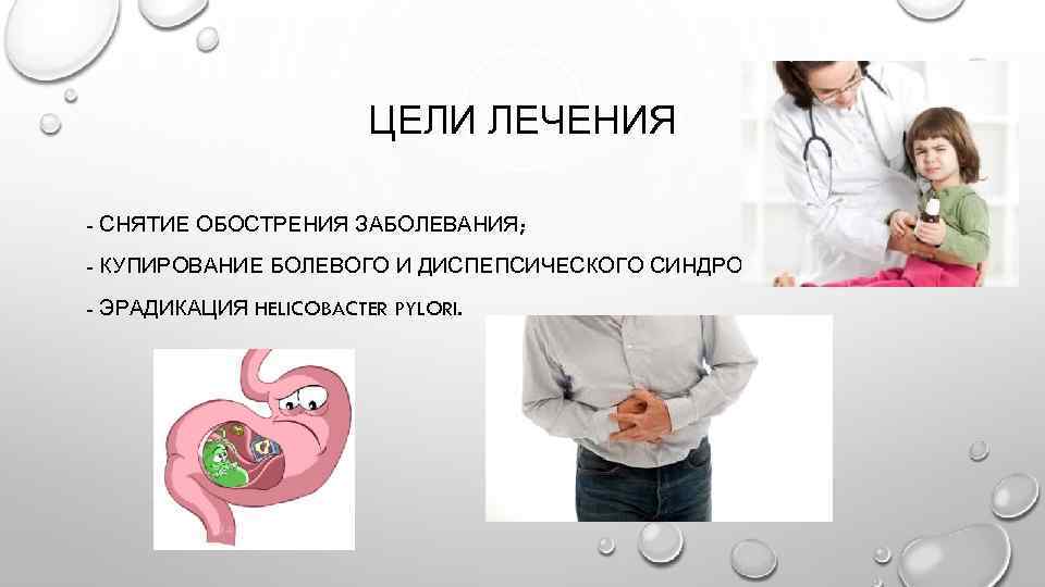 ЦЕЛИ ЛЕЧЕНИЯ - СНЯТИЕ ОБОСТРЕНИЯ ЗАБОЛЕВАНИЯ; - КУПИРОВАНИЕ БОЛЕВОГО И ДИСПЕПСИЧЕСКОГО СИНДРОМОВ; - ЭРАДИКАЦИЯ
