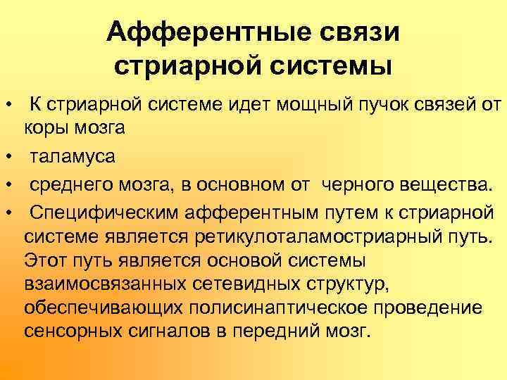 Афферентные связи стриарной системы • К стриарной системе идет мощный пучок связей от коры