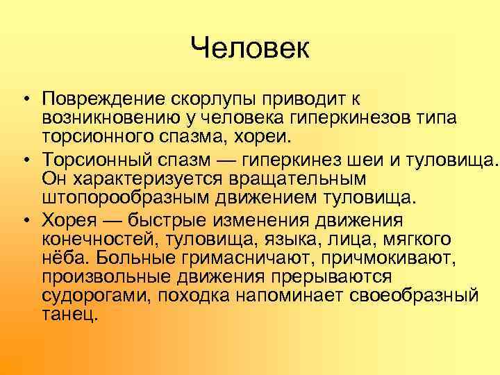 Человек • Повреждение скорлупы приводит к возникновению у человека гиперкинезов типа торсионного спазма, хореи.