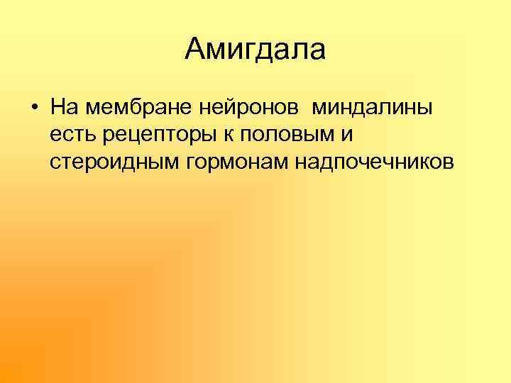 Амигдала • На мембране нейронов миндалины есть рецепторы к половым и стероидным гормонам надпочечников