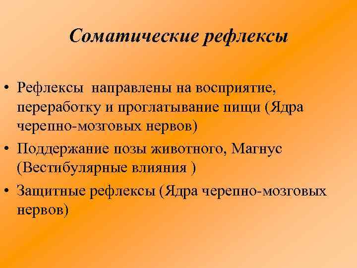 Соматические рефлексы • Рефлексы направлены на восприятие, переработку и проглатывание пищи (Ядра черепно мозговых