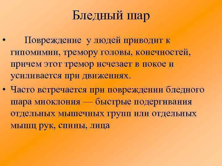 Бледный шар • Повреждение у людей приводит к гипомимии, тремору головы, конечностей, причем этот
