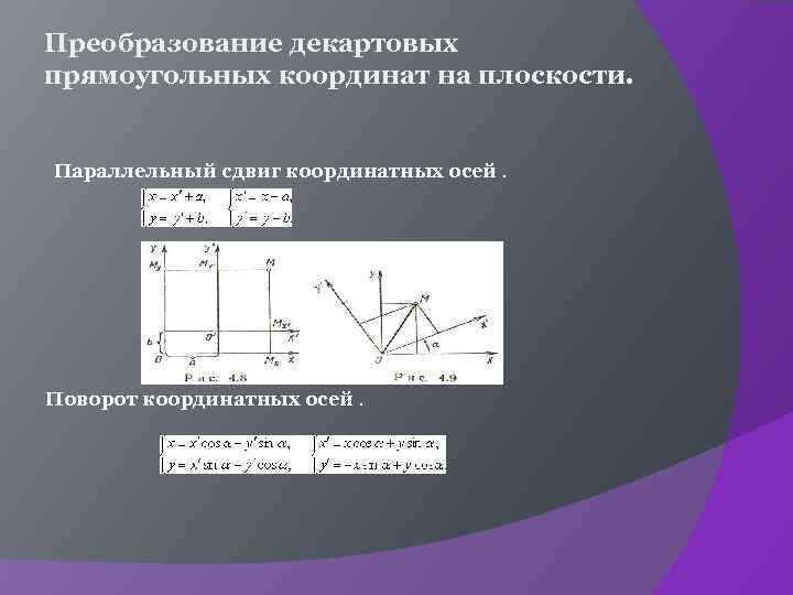 Преобразование декартовых прямоугольных координат на плоскости. Параллельный сдвиг координатных осей. Поворот координатных осей. 