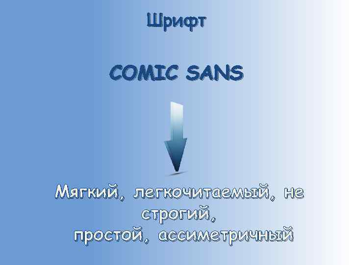 Шрифт COMIC SANS Мягкий, легкочитаемый, не строгий, простой, ассиметричный 