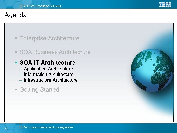 IBM SOA Architect Summit Agenda § Enterprise Architecture § SOA Business Architecture § SOA