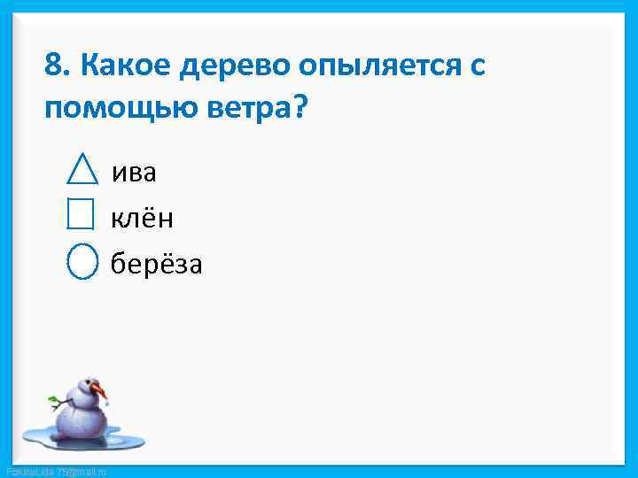8. Какое дерево опыляется с помощью ветра? ива клён берёза Fokina. Lida. 75@mail. ru