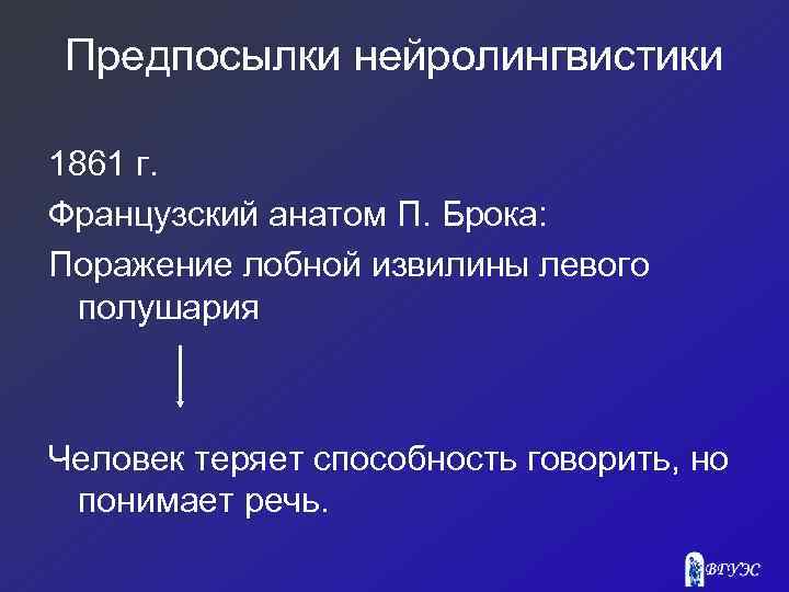 Предпосылки нейролингвистики 1861 г. Французский анатом П. Брока: Поражение лобной извилины левого полушария Человек