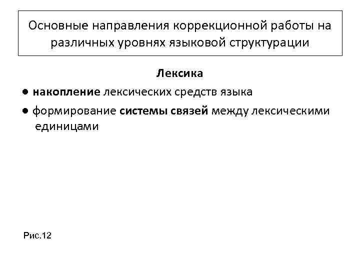 Основные направления коррекционной работы на различных уровнях языковой структурации Лексика ● накопление лексических средств