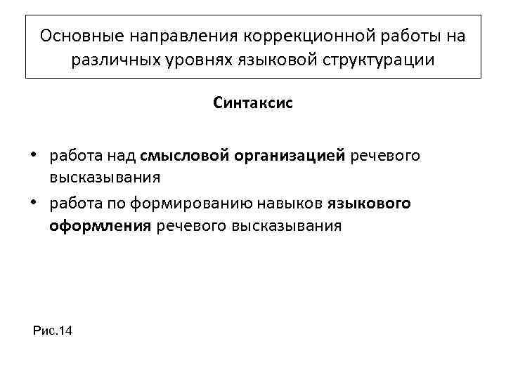 Основные направления коррекционной работы на различных уровнях языковой структурации Синтаксис • работа над смысловой