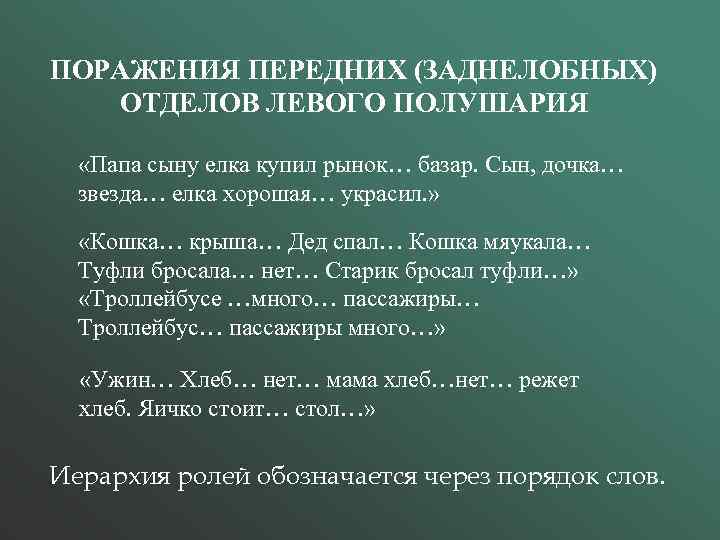ПОРАЖЕНИЯ ПЕРЕДНИХ (ЗАДНЕЛОБНЫХ) ОТДЕЛОВ ЛЕВОГО ПОЛУШАРИЯ «Папа сыну елка купил рынок… базар. Сын, дочка…