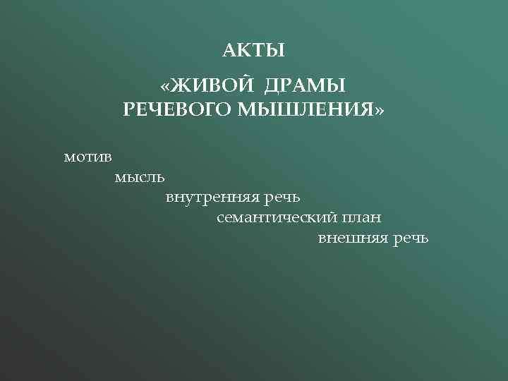 АКТЫ «ЖИВОЙ ДРАМЫ РЕЧЕВОГО МЫШЛЕНИЯ» мотив мысль внутренняя речь семантический план внешняя речь 