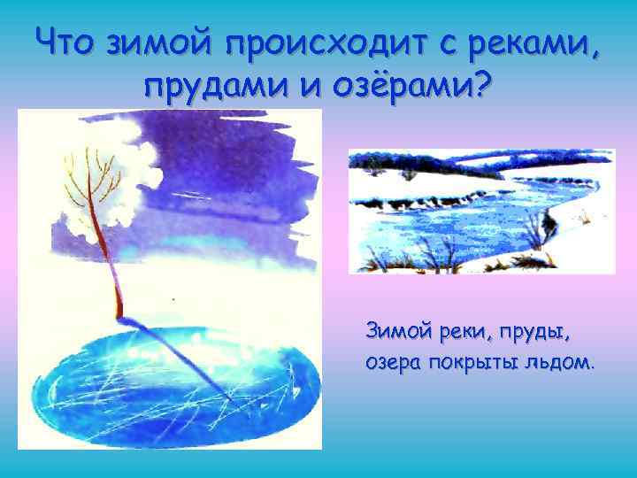 Что зимой происходит с реками, прудами и озёрами? Зимой реки, пруды, озера покрыты льдом.