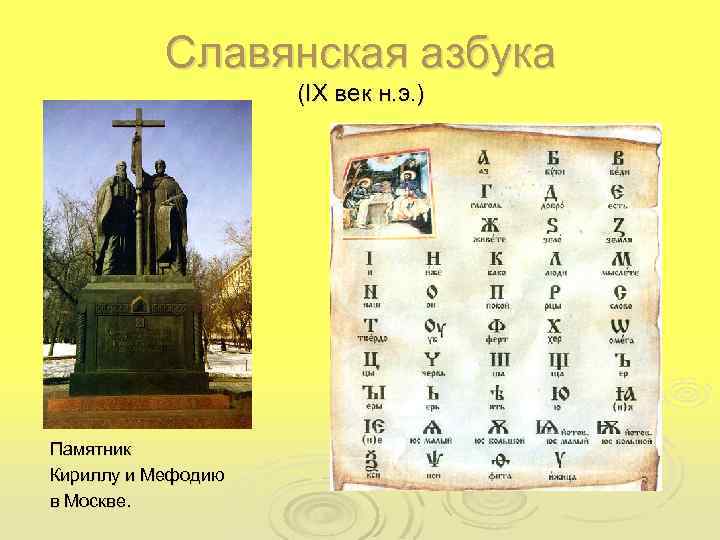 Славянская азбука (IX век н. э. ) Памятник Кириллу и Мефодию в Москве. 