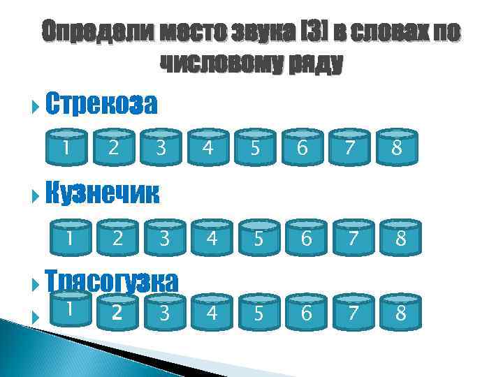 Определи место звука [З] в словах по числовому ряду Стрекоза 1 2 3 4