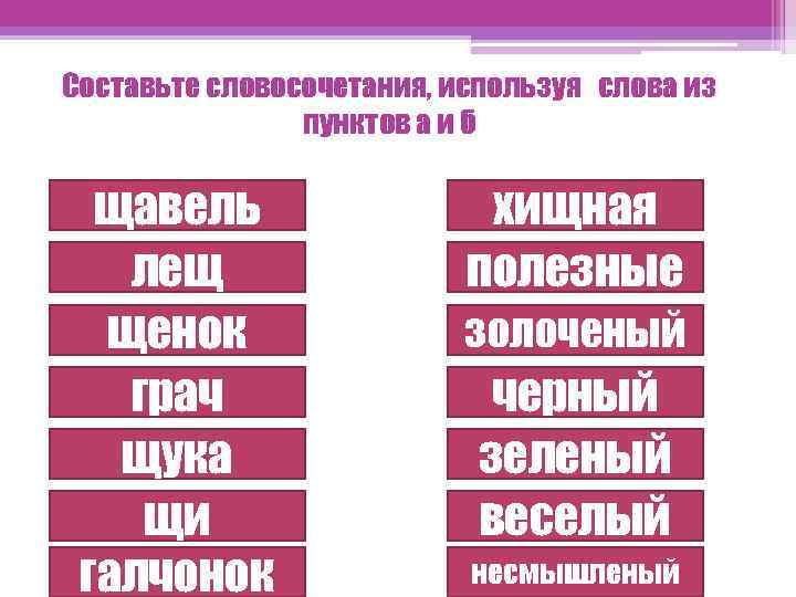 Составьте словосочетания, используя слова из пунктов а и б щавель лещ щенок грач щука