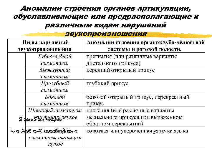 Аномалии строения органов артикуляции, обуславливающие или предрасполагающие к различным видам нарушений звукопроизношения 