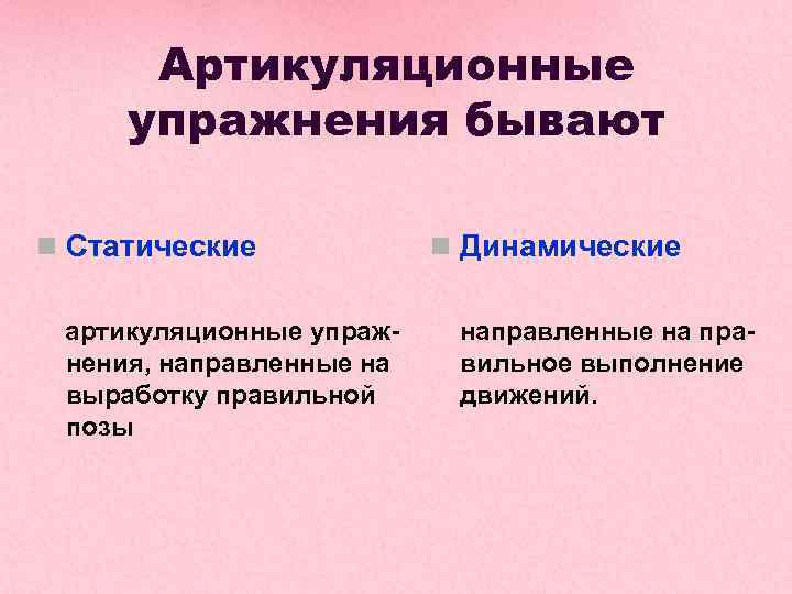 Артикуляционные упражнения бывают Статические артикуляционные упражнения, направленные на выработку правильной позы Динамические направленные на