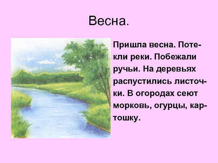 Весна. Пришла весна. Потекли реки. Побежали ручьи. На деревьях распустились листочки. В огородах сеют