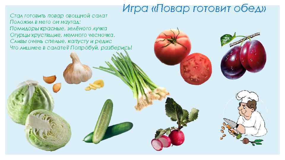 Игра «Повар готовит обед» Стал готовить повар овощной салат Положил в него он наугад: