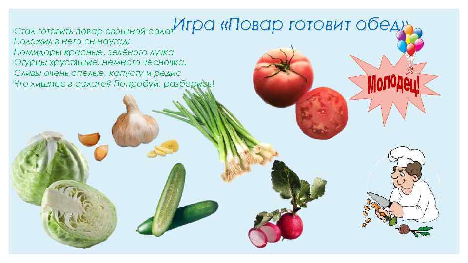 Игра «Повар готовит обед» Стал готовить повар овощной салат Положил в него он наугад: