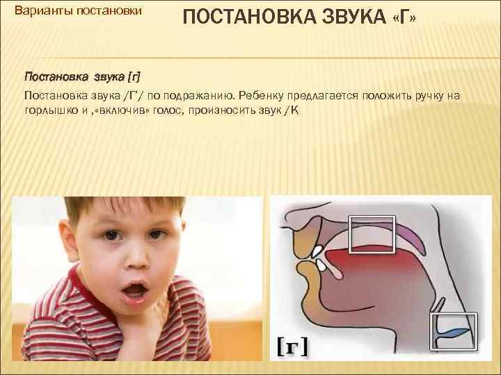Варианты постановки ПОСТАНОВКА ЗВУКА «Г» Постановка звука [г] Постановка звука /Г’/ по подражанию. Ребенку