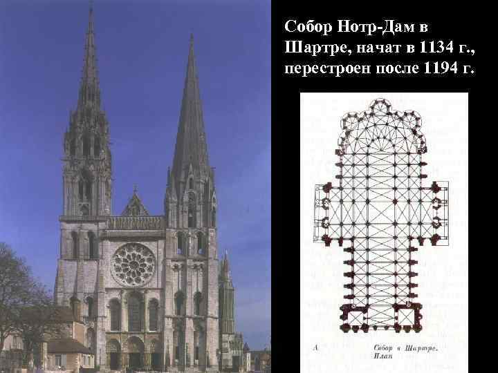 Собор Нотр-Дам в Шартре, начат в 1134 г. , перестроен после 1194 г. 