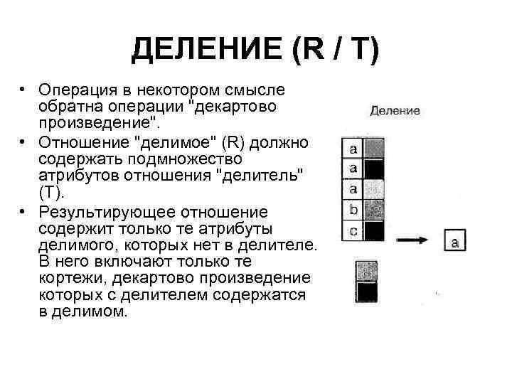 ДЕЛЕНИЕ (R / T) • Операция в некотором смысле обратна операции "декартово произведение". •