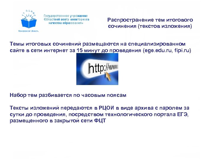 Распространение тем итогового сочинения (текстов изложения) Темы итоговых сочинений размещаются на специализированном сайте в