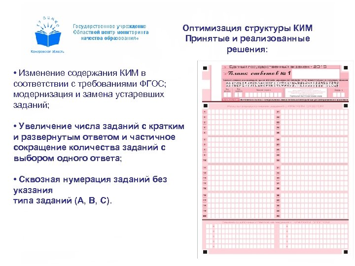Оптимизация структуры КИМ Принятые и реализованные решения: • Изменение содержания КИМ в соответствии с