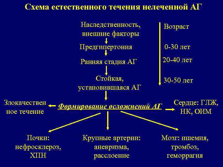 Схема естественного течения нелеченной АГ Наследственность, внешние факторы Предгипертония 0 -30 лет Ранняя стадия