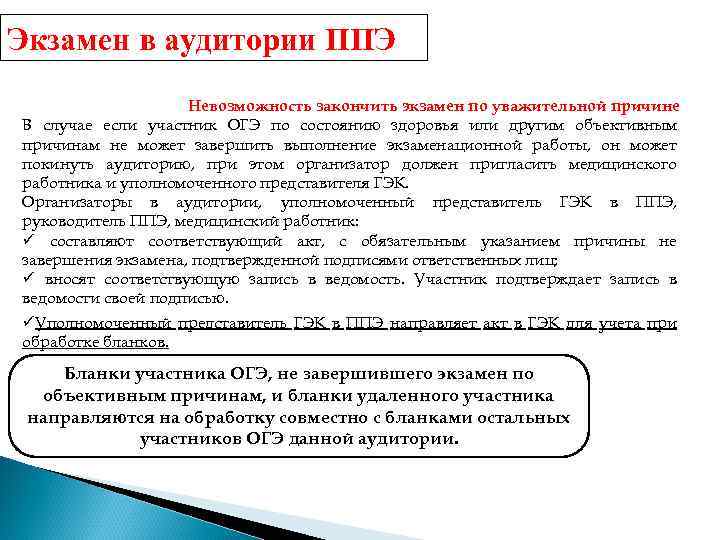 Экзамен в аудитории ППЭ Невозможность закончить экзамен по уважительной причине В случае если участник
