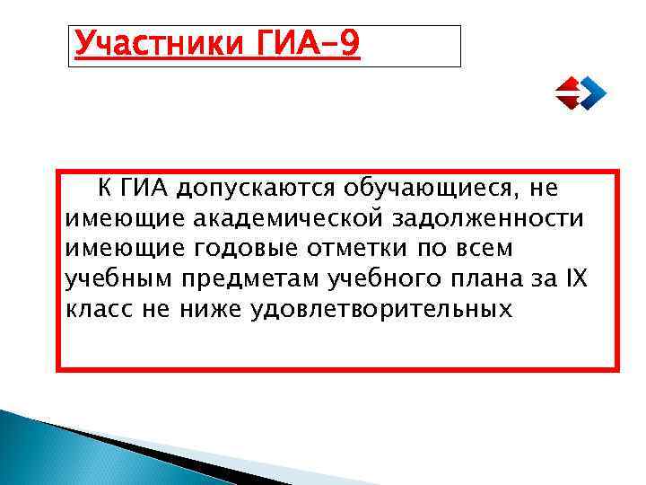 Участники ГИА-9 К ГИА допускаются обучающиеся, не имеющие академической задолженности имеющие годовые отметки по