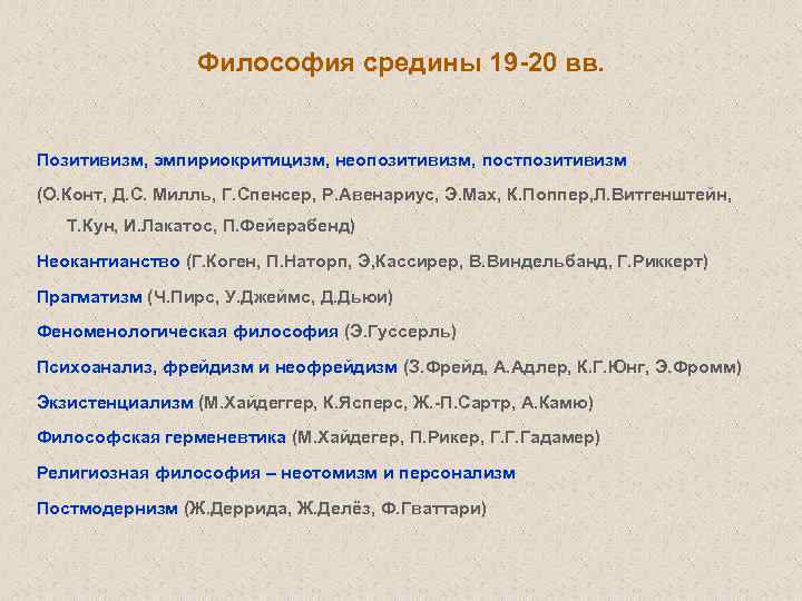 Философия средины 19 -20 вв. Позитивизм, эмпириокритицизм, неопозитивизм, постпозитивизм (О. Конт, Д. С. Милль,