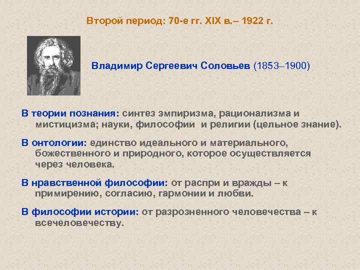 Второй период: 70 -е гг. XIX в. – 1922 г. Владимир Сергеевич Соловьев (1853–