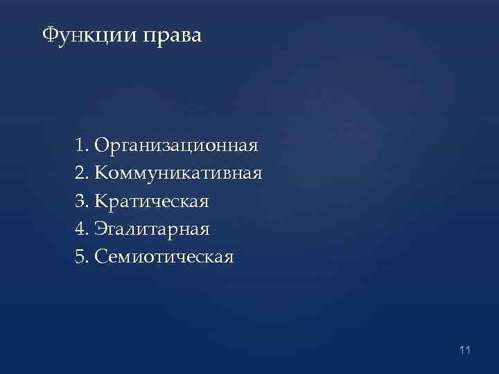 Функции права 1. Организационная 2. Коммуникативная 3. Кратическая 4. Эгалитарная 5. Семиотическая 11 