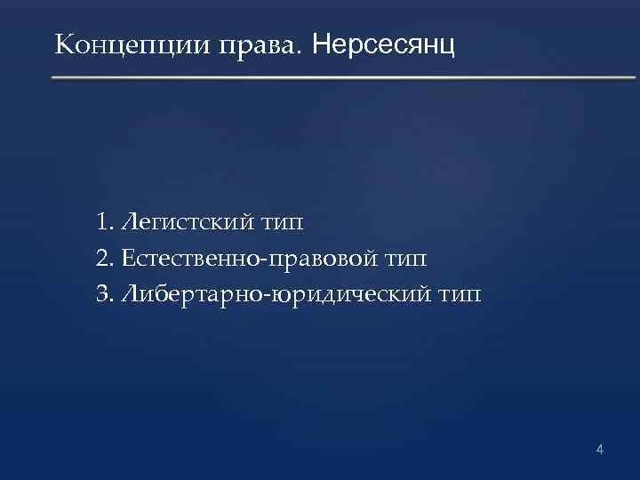 Концепции права. Нерсесянц 1. Легистский тип 2. Естественно-правовой тип 3. Либертарно-юридический тип 4 