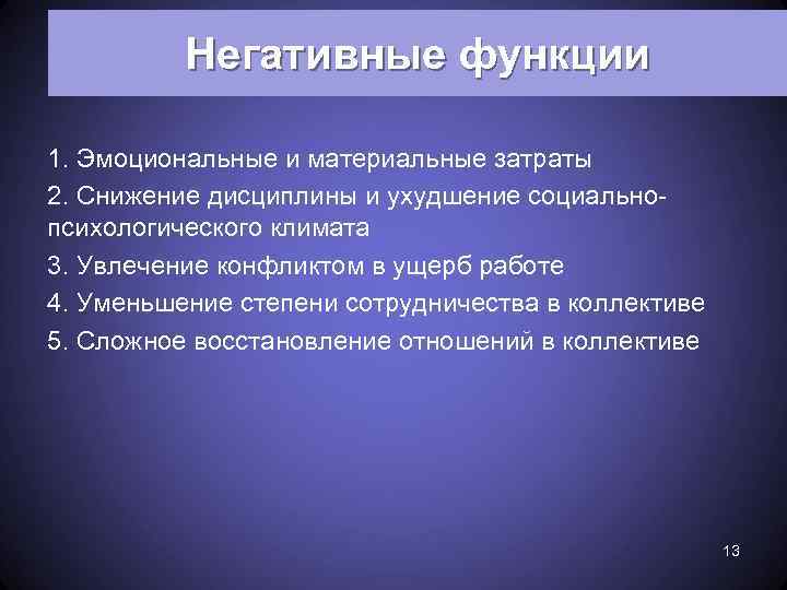 Негативные функции 1. Эмоциональные и материальные затраты 2. Снижение дисциплины и ухудшение социальнопсихологического климата