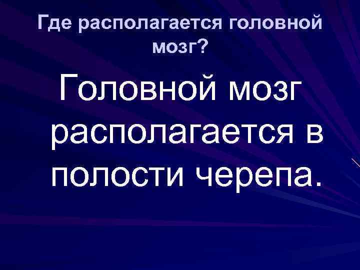 Где располагается головной мозг? Головной мозг располагается в полости черепа. 