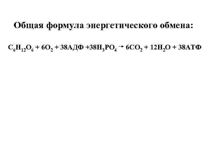 Общая формула энергетического обмена: С 6 Н 12 О 6 + 6 О 2