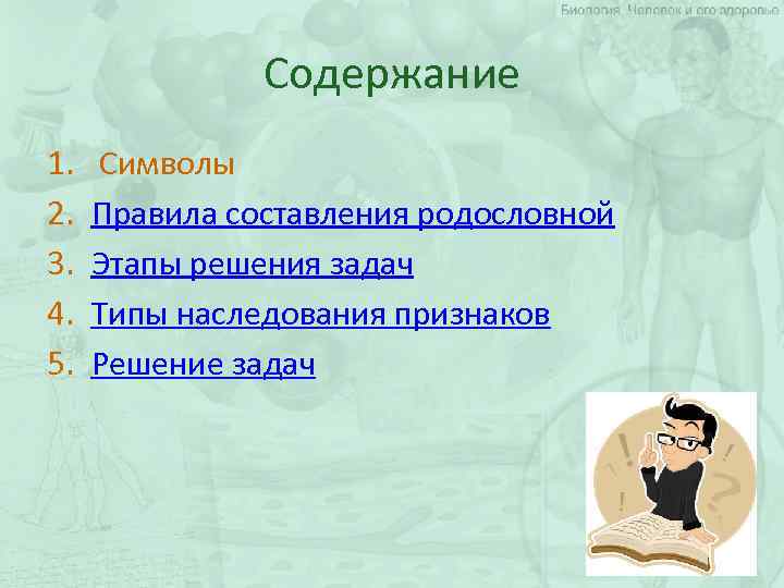 Содержание 1. 2. 3. 4. 5. Символы Правила составления родословной Этапы решения задач Типы