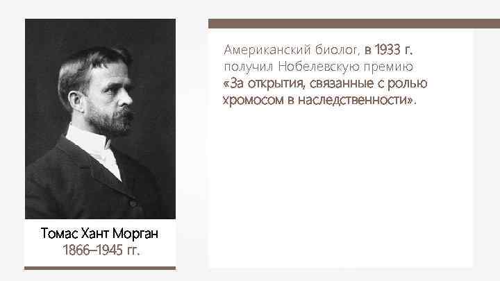 Американский биолог, в 1933 г. получил Нобелевскую премию «За открытия, связанные с ролью хромосом