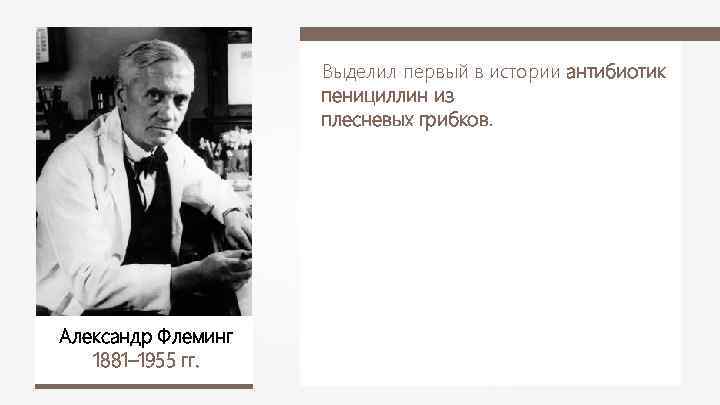 Выделил первый в истории антибиотик пенициллин из плесневых грибков. Александр Флеминг 1881– 1955 гг.