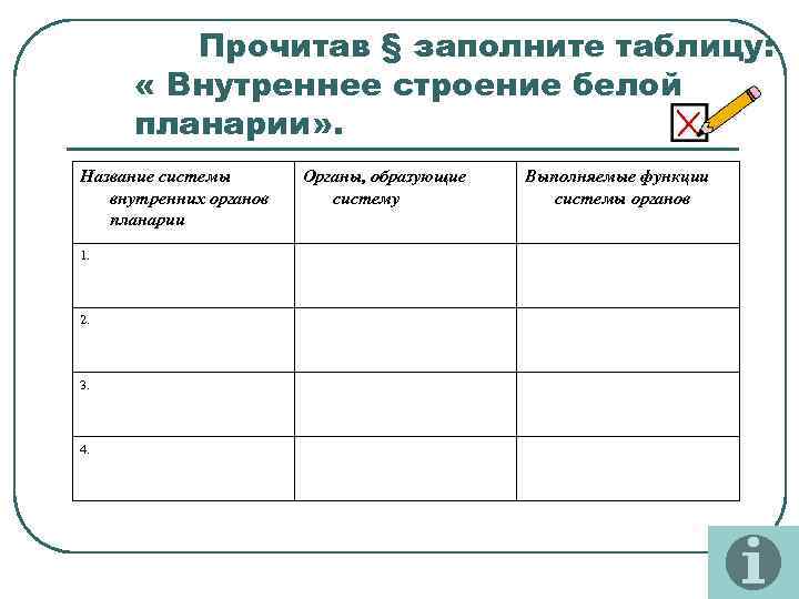 Прочитав § заполните таблицу: « Внутреннее строение белой планарии» . Название системы внутренних органов