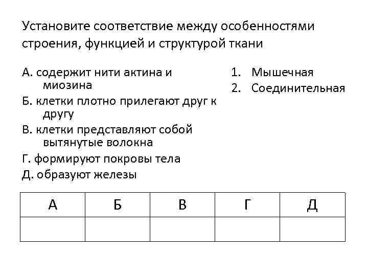 Установите соответствие между особенностями строения, функцией и структурой ткани А. содержит нити актина и