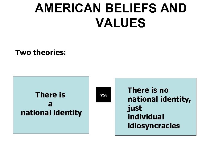 AMERICAN BELIEFS AND VALUES Two theories: There is a national identity vs. There is