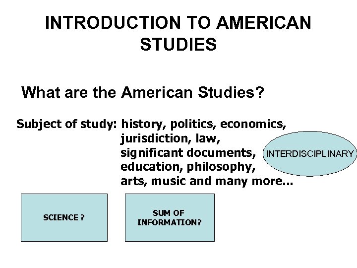 INTRODUCTION TO AMERICAN STUDIES What are the American Studies? Subject of study: history, politics,