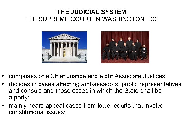 THE JUDICIAL SYSTEM THE SUPREME COURT IN WASHINGTON, DC: • comprises of a Chief